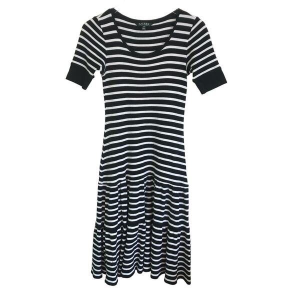 Lauren Ralph Lauren Size Medium Petite Black & White Stripe Short Ruffle Dress - Picture 1 of 5